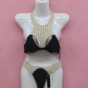 Victoria Secret Archives Crochet Scuba Top & Thong Bottom Bikini Set XS Black